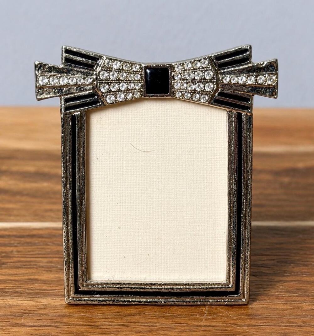 Vintage Art Deco Rhinestone Bow Picture Frame, Silver Tone Black Enamel